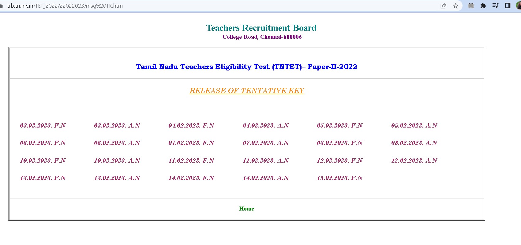 TNTET answer key dates