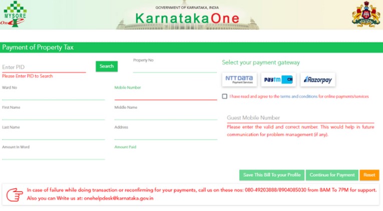karnataka one payment of property taxes