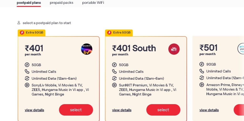 Range of postpaid plans vodafone