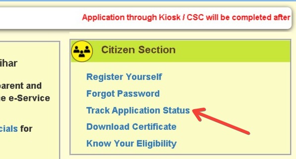 Track application status under citizen tab RTPS service plus patna