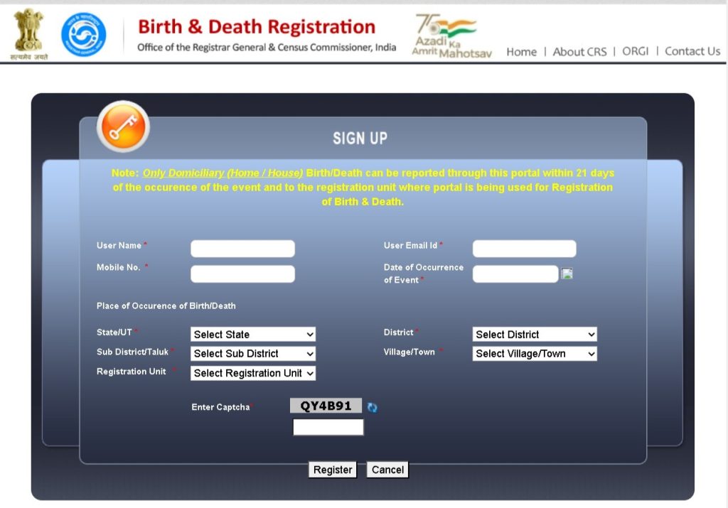 Signn up menu amravati birth certificate